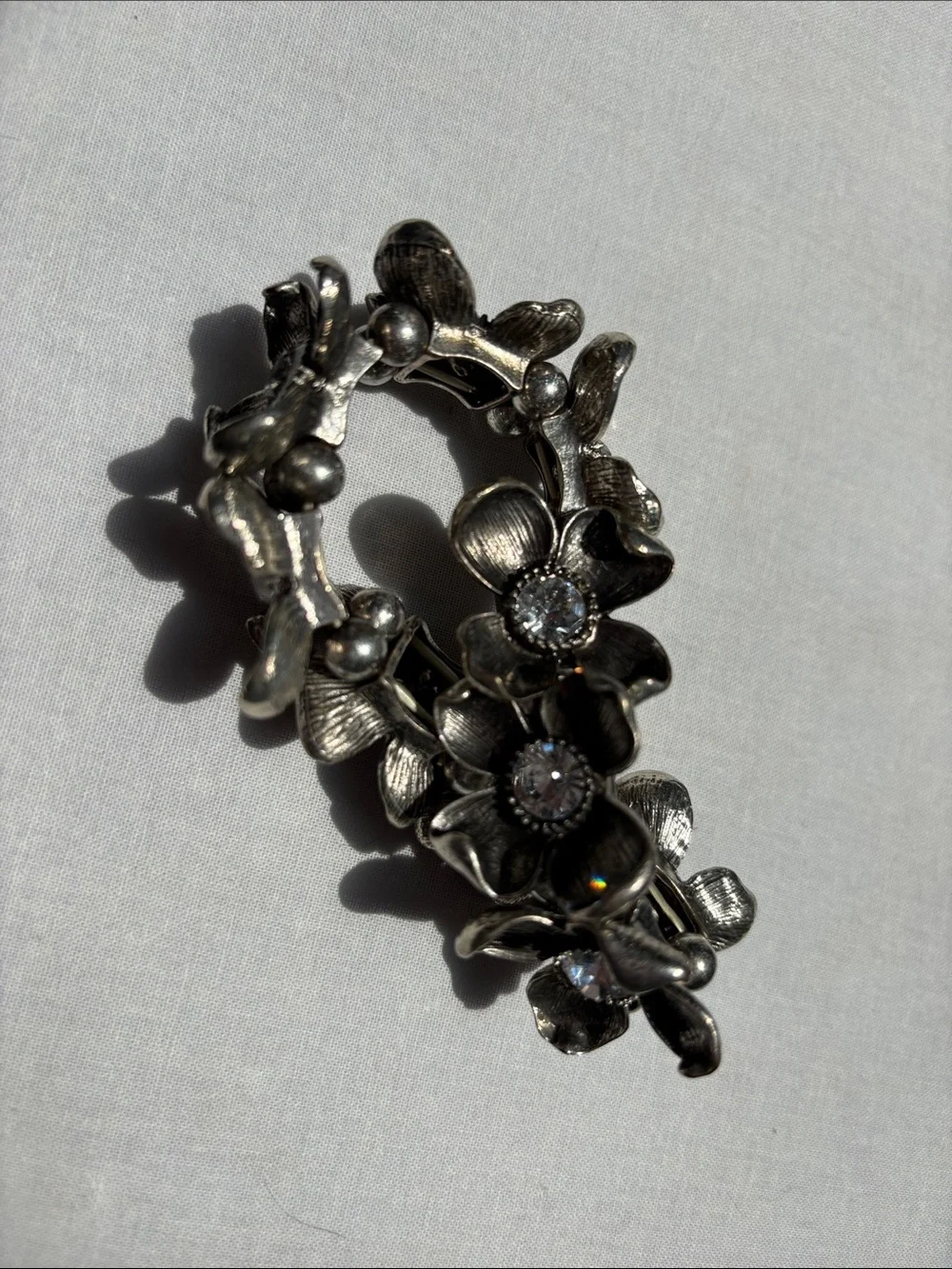 Floral Rhinestone Silver-tone Hair Barrette